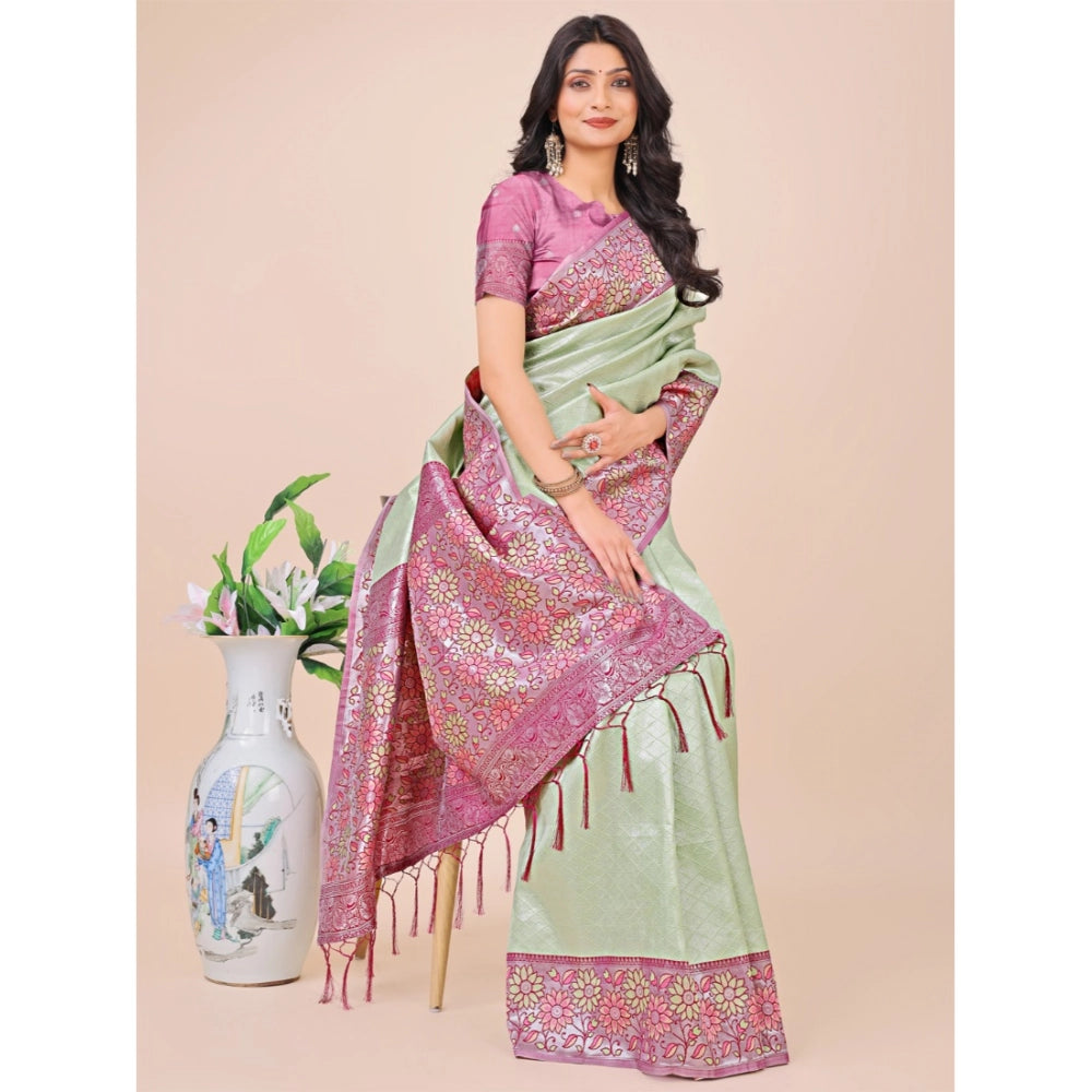 Women's Lichi Silk Printed Saree With Unstitched Blouse 5.5Mtr (Olive Green)