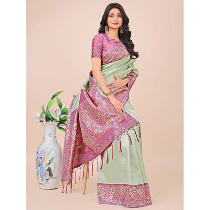 Women's Lichi Silk Printed Saree With Unstitched Blouse 5.5Mtr (Olive Green)
