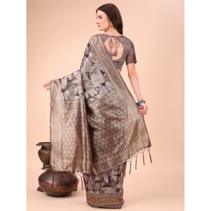 Women's Cotton Printed Saree With Unstitched Blouse 5.5Mtr (Brown)