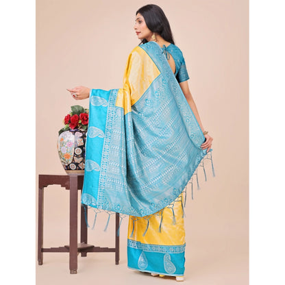 Women's Lichi Silk Printed Saree With Unstitched Blouse 5.5Mtr (Yellow)