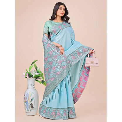 Women's Lichi Silk Printed Saree With Unstitched Blouse 5.5Mtr (Teal)