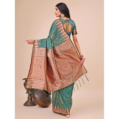 Women's Linen Cotton Printed Saree With Unstitched Blouse 5.5Mtr (Green)