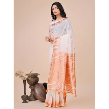 Women's Linen Cotton Printed Saree With Unstitched Blouse 5.5Mtr (White)