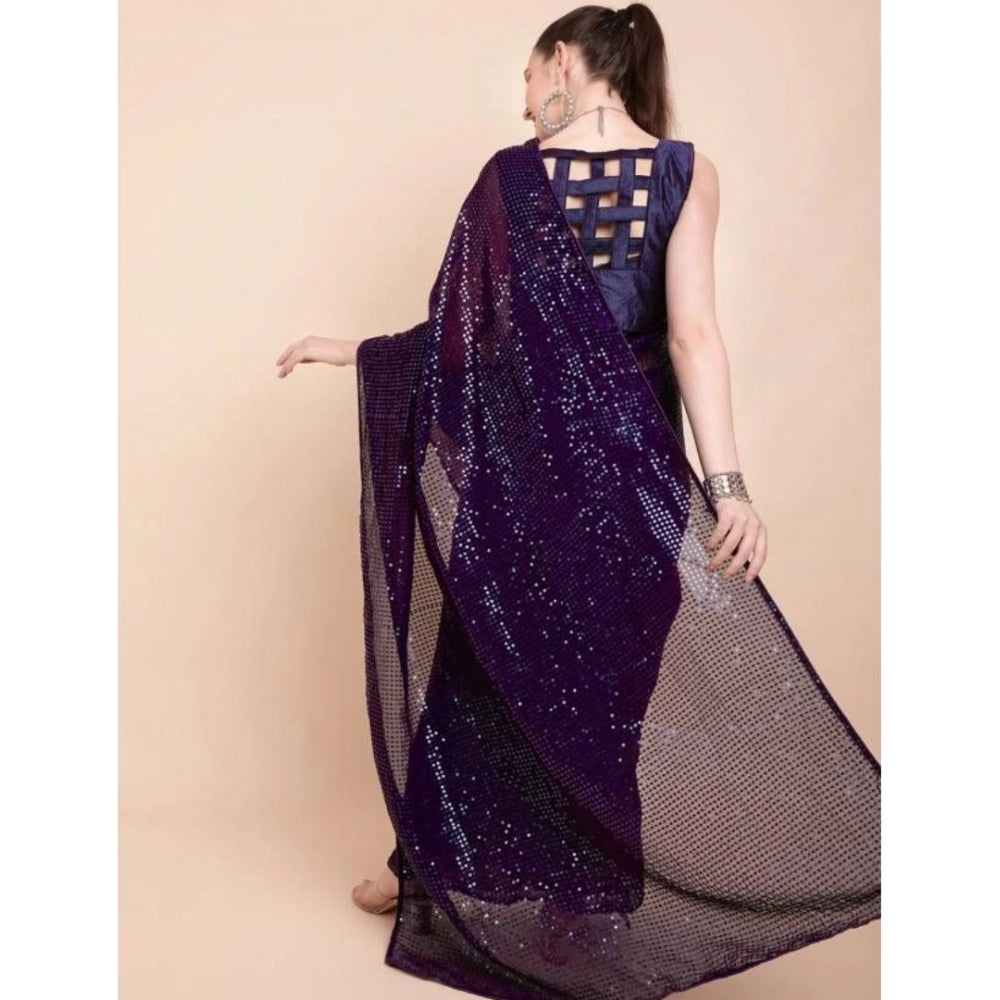 Women's Georgette Embellished Sequnece Bollywood Saree With Unstitched Blouse 5.5Mtr (Purple)