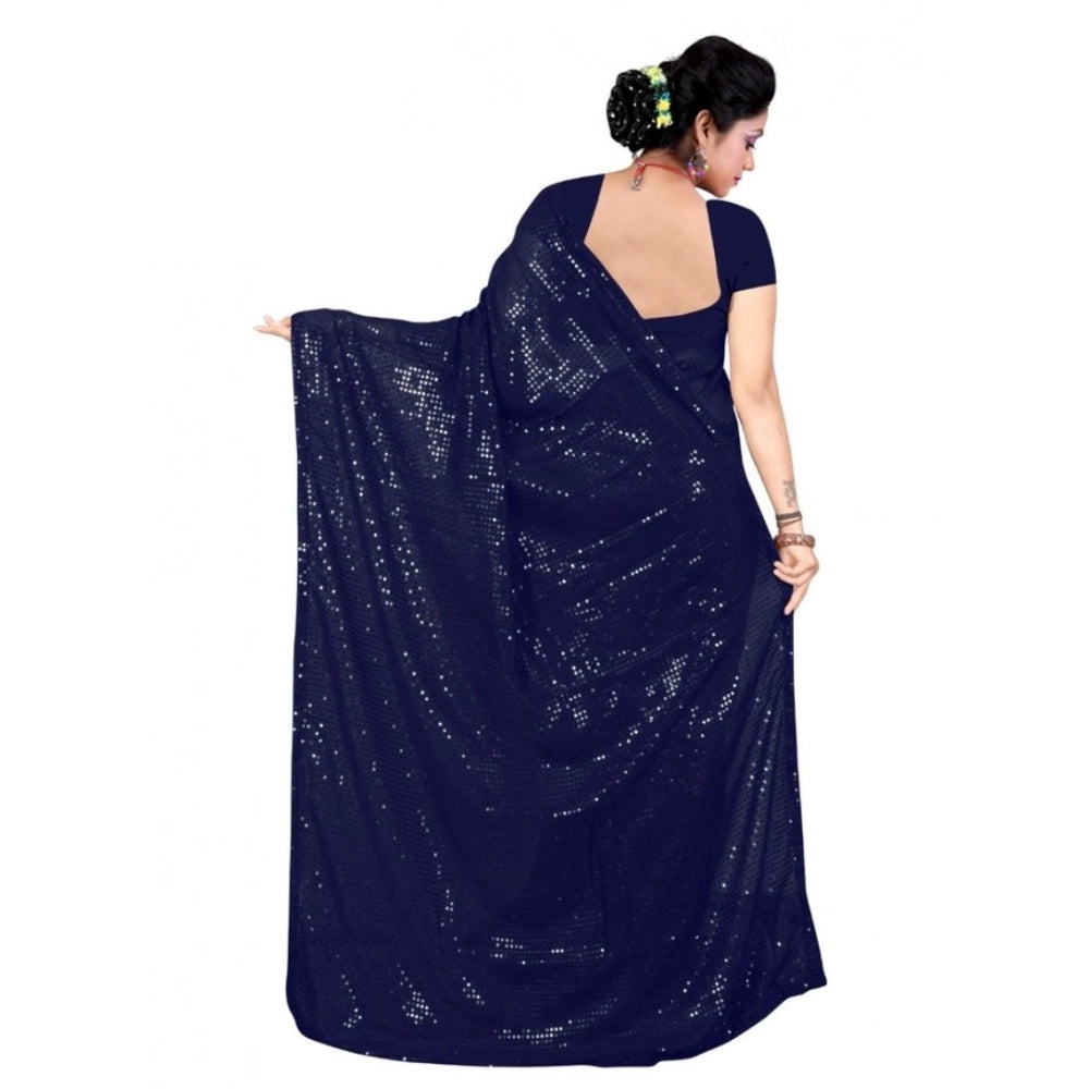 Women's Georgette Embellished Sequnece Bollywood Saree With Unstitched Blouse 5.5Mtr (Blue)