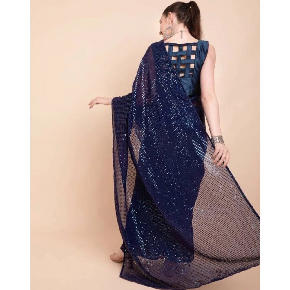 Women's Georgette Embellished Sequnece Bollywood Saree With Unstitched Blouse 5.5Mtr (Blue)