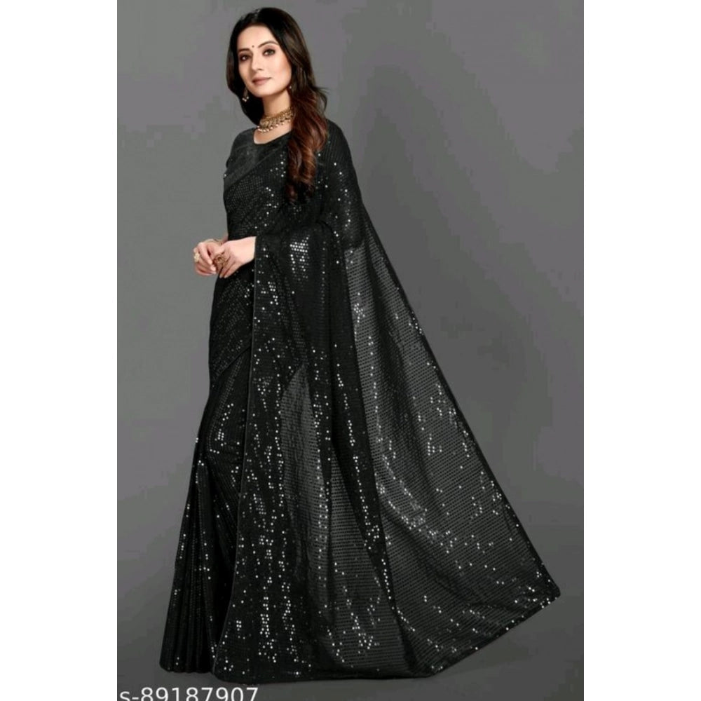 Women's Georgette Embellished Sequnece Bollywood Saree With Unstitched Blouse 5.5Mtr (Black)