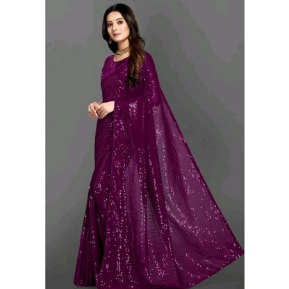 Women's Georgette Embellished Sequnece Bollywood Saree With Unstitched Blouse 5.5Mtr (Purple)