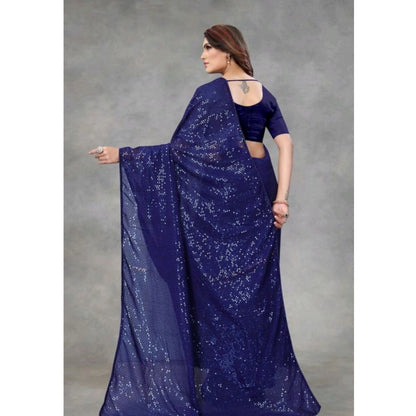 Women's Georgette Embellished Sequnece Bollywood Saree With Unstitched Blouse 5.5Mtr (Blue)
