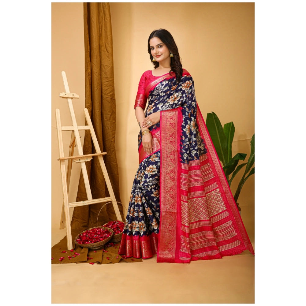 Women's Soft Dola Cotton Kalamkari Printed Saree With Unstitched Blouse 5.5Mtr (Navy Blue)