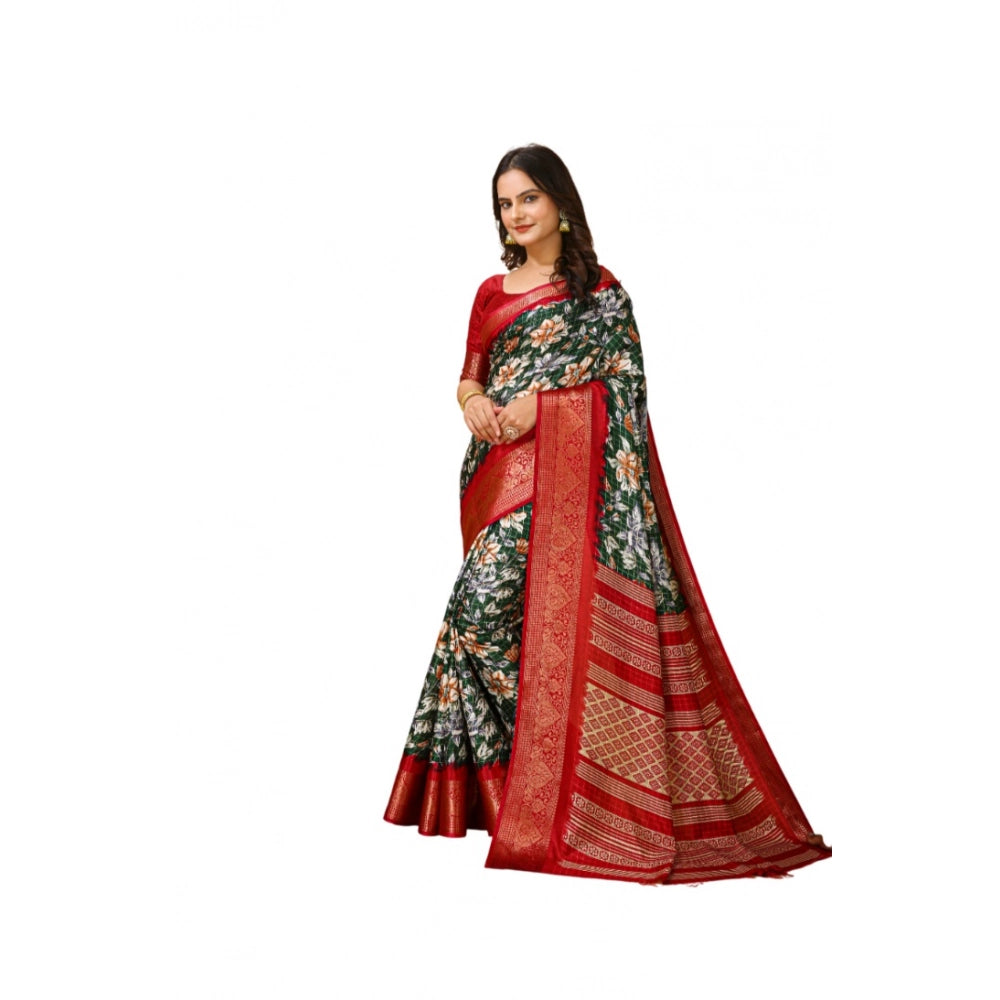 Women's Soft Dola Cotton Kalamkari Printed Saree With Unstitched Blouse 5.5Mtr (Green)