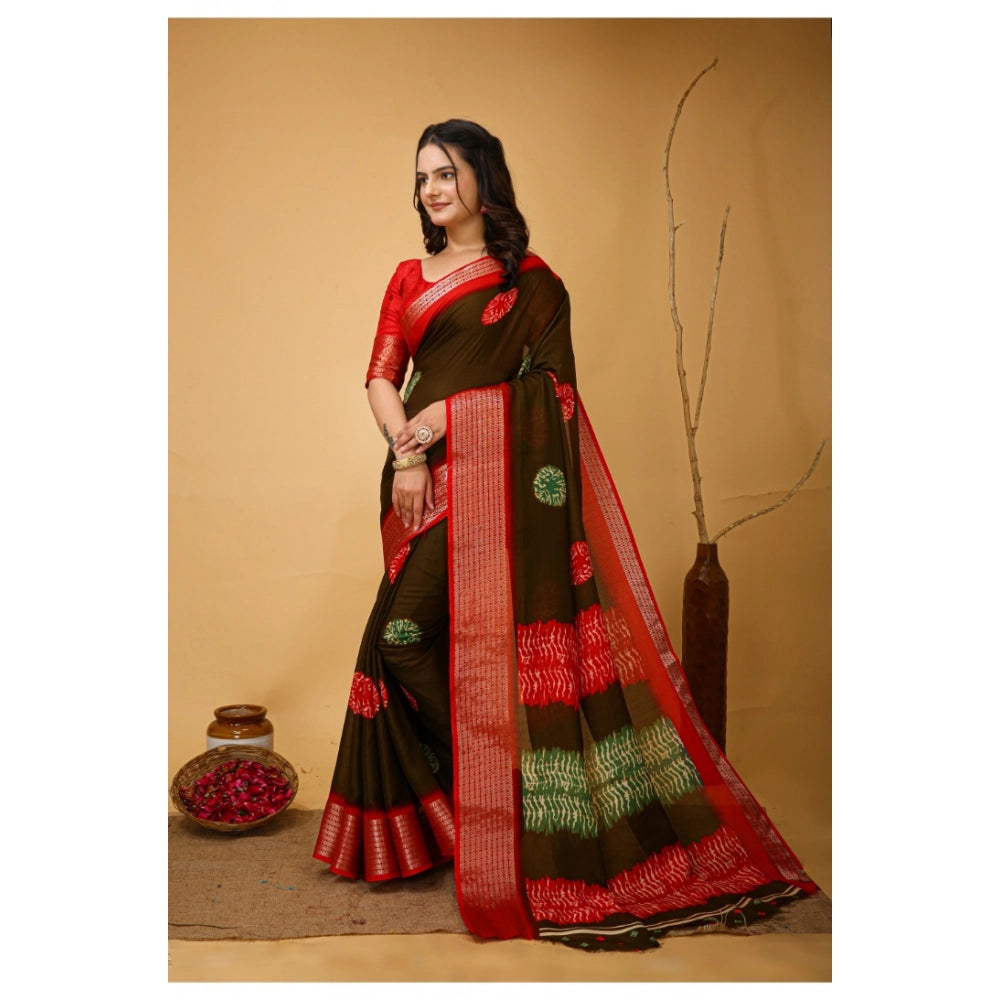 Women's Soft Blooming Marshmallow Fabric Kalamkari Printed Saree With Unstitched Blouse 5.5Mtr (Mehendi)