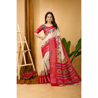 Women's Soft Dola Cotton Kalamkari Printed Saree With Unstitched Blouse 5.5Mtr (Red)