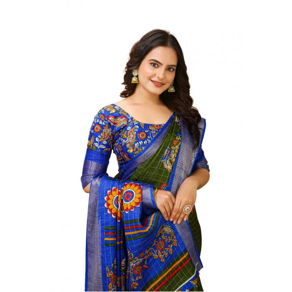 Women's Soft Dola Cotton Kalamkari Printed Saree With Unstitched Blouse 5.5Mtr (Mehendi)