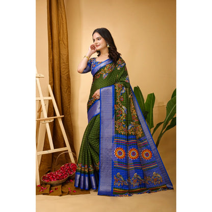Women's Soft Dola Cotton Kalamkari Printed Saree With Unstitched Blouse 5.5Mtr (Mehendi)