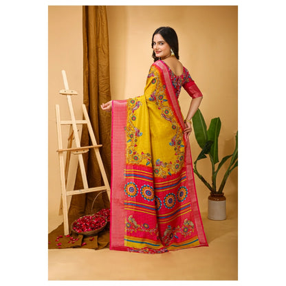 Women's Soft Dola Cotton Kalamkari Printed Saree With Unstitched Blouse 5.5Mtr (Yellow)