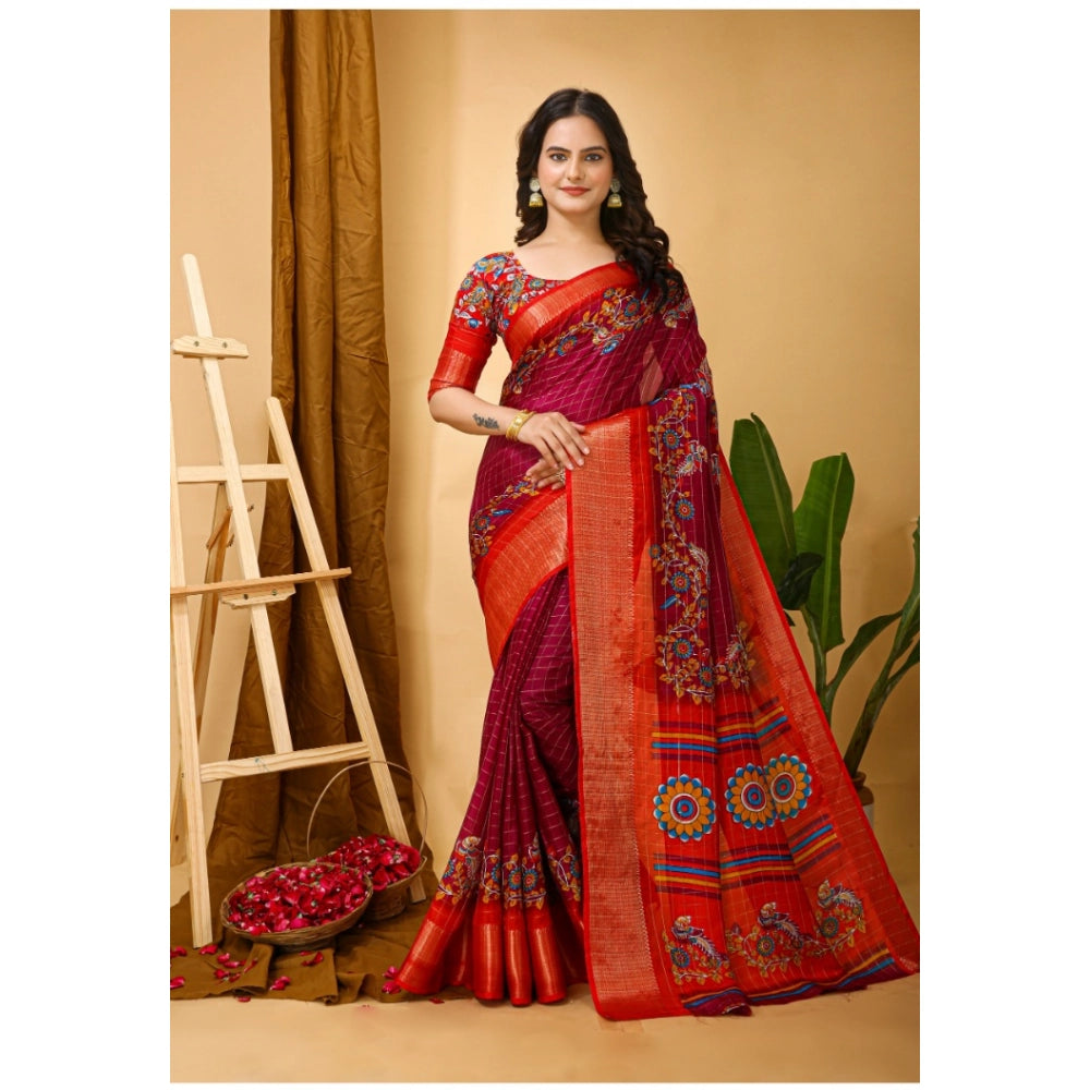 Women's Soft Dola Cotton Kalamkari Printed Saree With Unstitched Blouse 5.5Mtr (Maroon)