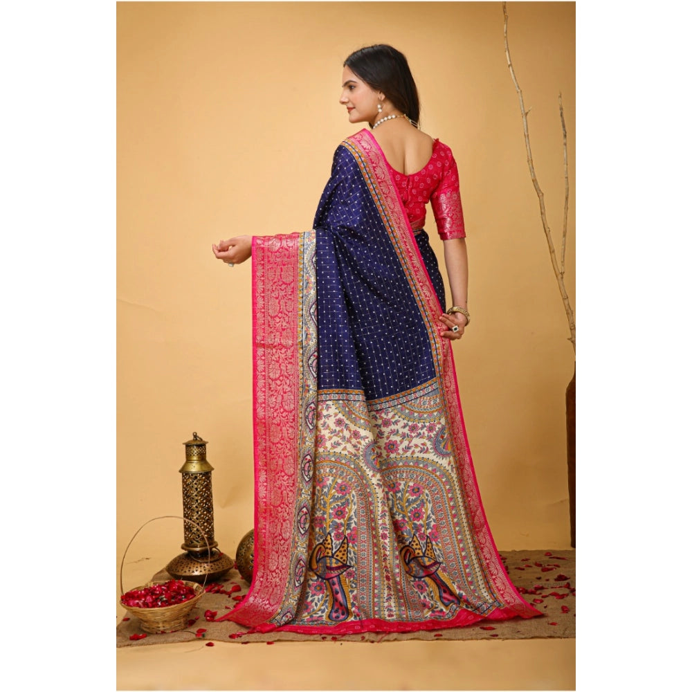 Women's Soft Dola Cotton Kalamkari Printed Saree With Unstitched Blouse 5.5Mtr (Navy Blue)