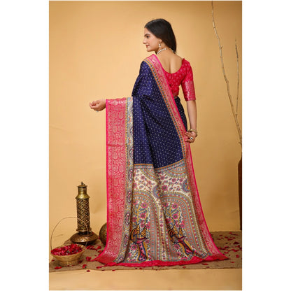 Women's Soft Dola Cotton Kalamkari Printed Saree With Unstitched Blouse 5.5Mtr (Navy Blue)