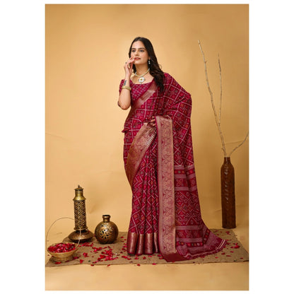 Women's Soft Dola Cotton Kalamkari Printed Saree With Unstitched Blouse 5.5Mtr (Red)