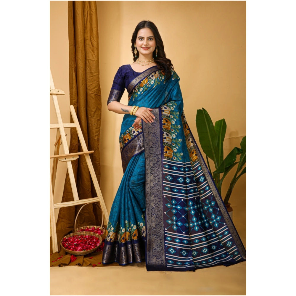 Women's Soft Dola Cotton Kalamkari Printed Saree With Unstitched Blouse 5.5Mtr (Blue)
