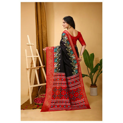 Women's Soft Dola Cotton Kalamkari Printed Saree With Unstitched Blouse 5.5Mtr (Black)