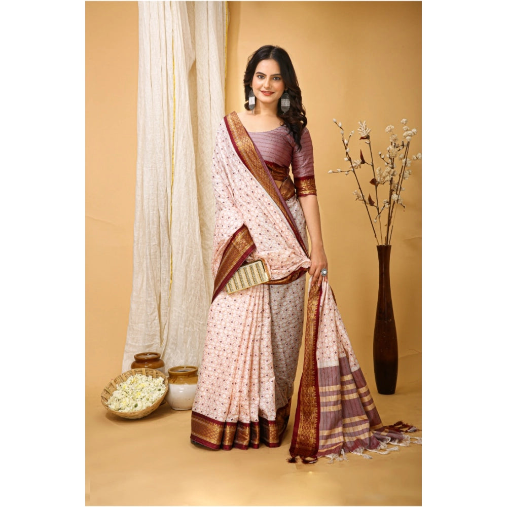 Women's Soft Cotton Silk Printed Saree With Unstitched Blouse 5.5Mtr (Maroon)