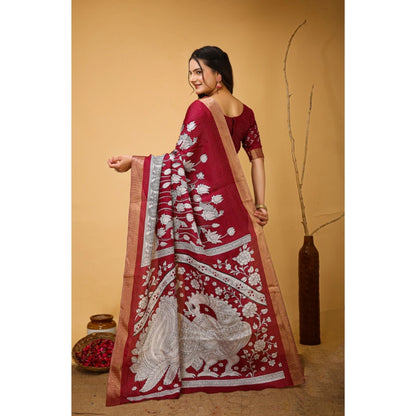 Women's Soft Handloom Cotton Kalamkari Printed Saree With Unstitched Blouse 5.5Mtr (Maroon)
