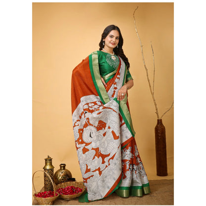 Women's Soft Handloom Cotton Kalamkari Printed Saree With Unstitched Blouse 5.5Mtr (Orange)