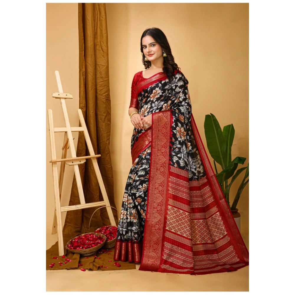 Women's Soft Dola Cotton Kalamkari Printed Saree With Unstitched Blouse 5.5Mtr (Black)