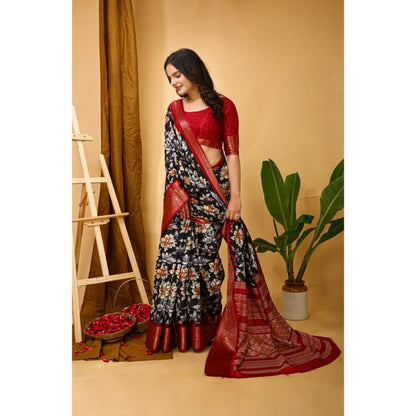 Women's Soft Dola Cotton Kalamkari Printed Saree With Unstitched Blouse 5.5Mtr (Black)