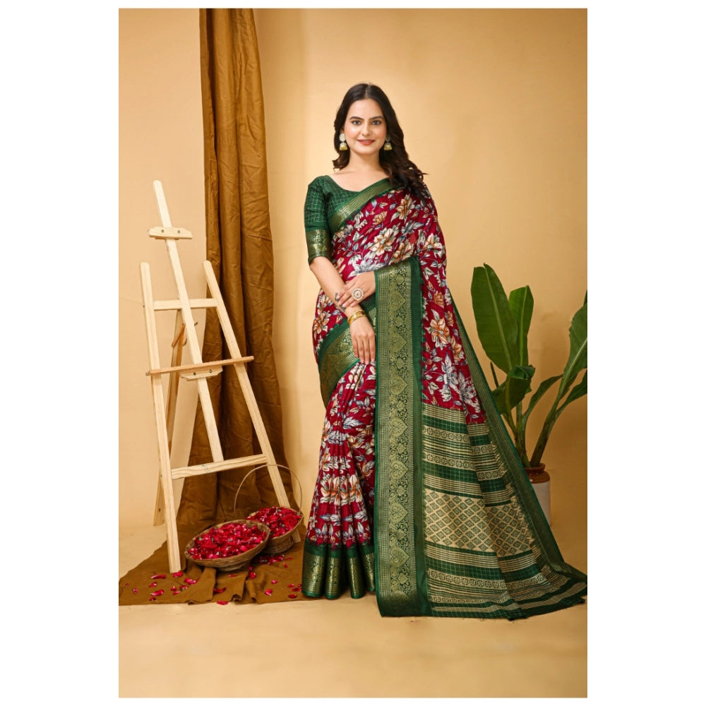 Women's Soft Dola Cotton Kalamkari Printed Saree With Unstitched Blouse 5.5Mtr (Maroon)
