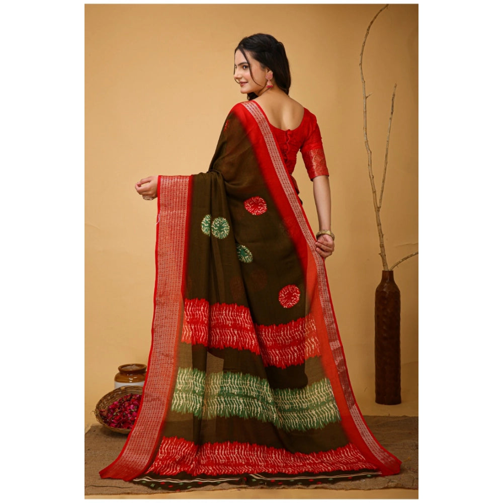 Women's Soft Blooming Marshmallow Fabric Kalamkari Printed Saree With Unstitched Blouse 5.5Mtr (Mehendi)