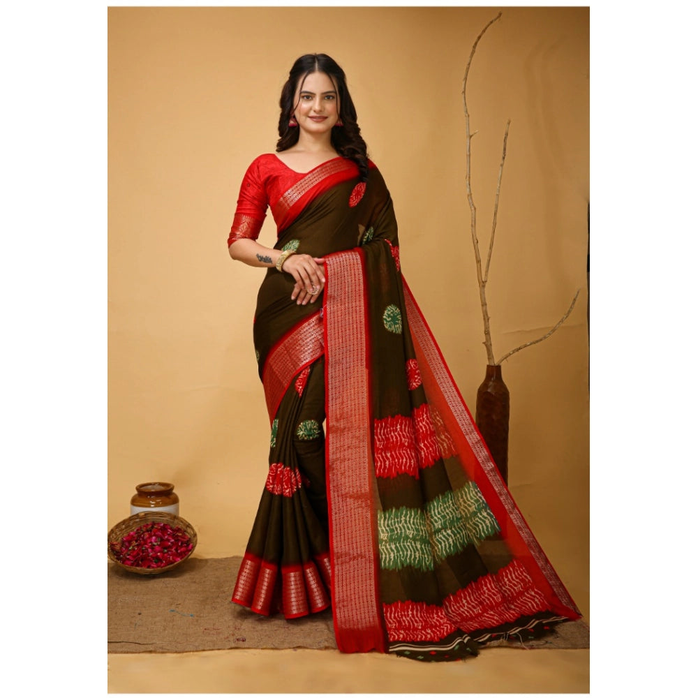 Women's Soft Blooming Marshmallow Fabric Kalamkari Printed Saree With Unstitched Blouse 5.5Mtr (Mehendi)