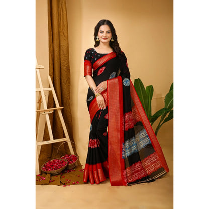 Women's Soft Blooming Marshmallow Fabric Kalamkari Printed Saree With Unstitched Blouse 5.5Mtr (Black)