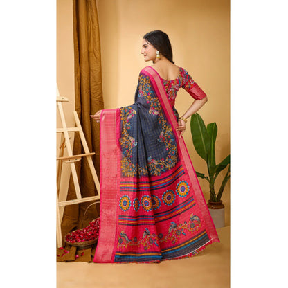 Women's Soft Dola Cotton Kalamkari Printed Saree With Unstitched Blouse 5.5Mtr (Grey)