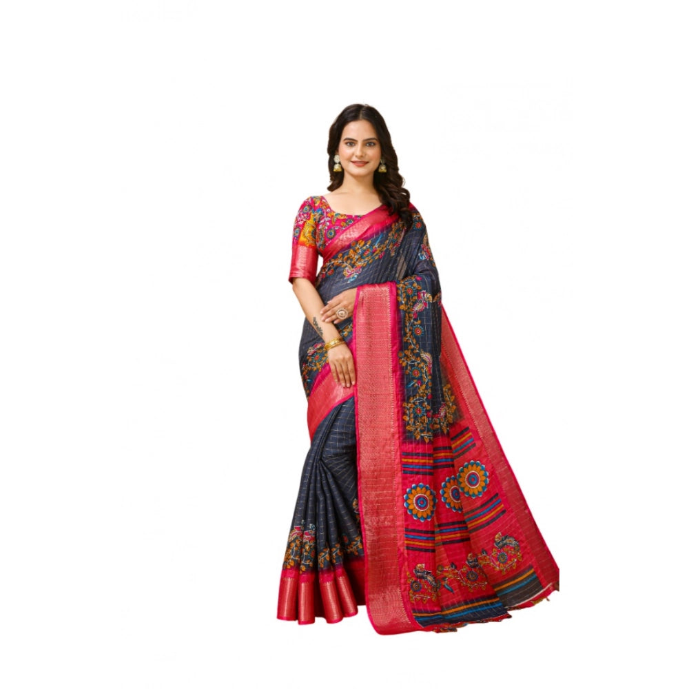 Women's Soft Dola Cotton Kalamkari Printed Saree With Unstitched Blouse 5.5Mtr (Grey)