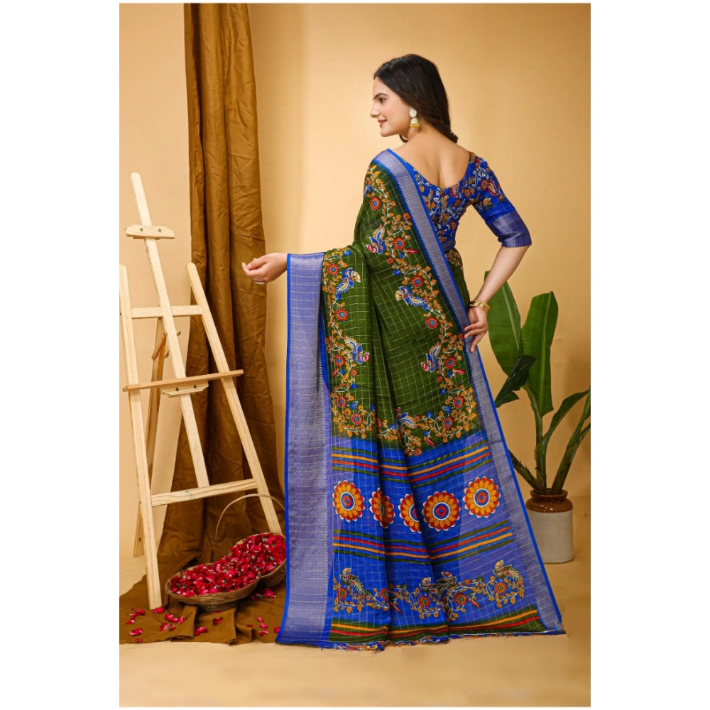 Women's Soft Dola Cotton Kalamkari Printed Saree With Unstitched Blouse 5.5Mtr (Mehendi)