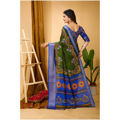Women's Soft Dola Cotton Kalamkari Printed Saree With Unstitched Blouse 5.5Mtr (Mehendi)