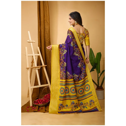 Women's Soft Dola Cotton Kalamkari Printed Saree With Unstitched Blouse 5.5Mtr (Purple)