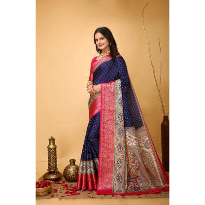 Women's Soft Dola Cotton Kalamkari Printed Saree With Unstitched Blouse 5.5Mtr (Navy Blue)