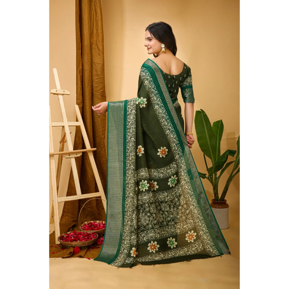 Women's Soft Blooming Marshmallow Fabric Kalamkari Printed Saree With Unstitched Blouse 5.5Mtr (Green)