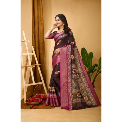 Women's Soft Blooming Marshmallow Fabric Kalamkari Printed Saree With Unstitched Blouse 5.5Mtr (Maroon)