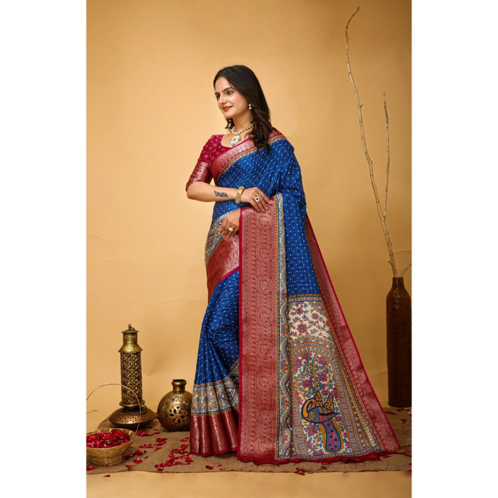 Women's Soft Dola Cotton Kalamkari Printed Saree With Unstitched Blouse 5.5Mtr (Blue)