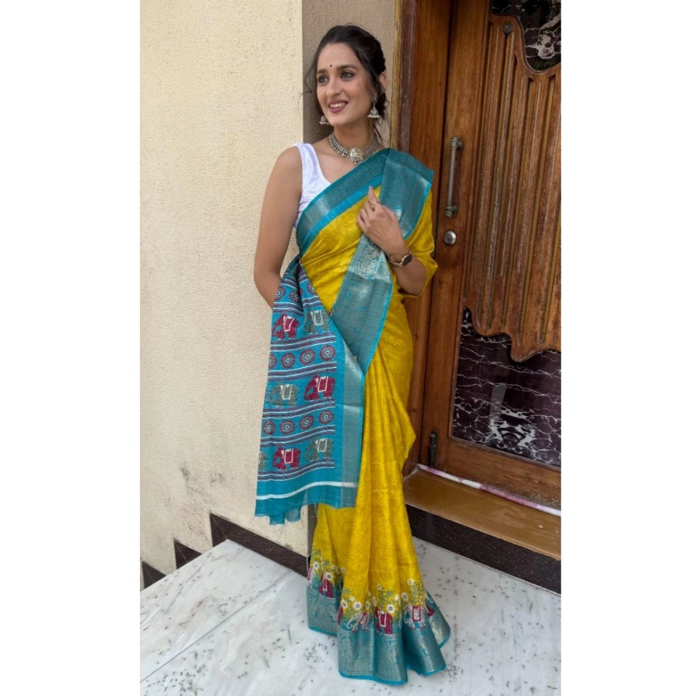 Women's Soft Dola Cotton Kalamkari Printed Saree With Unstitched Blouse 5.5Mtr (Mustard)
