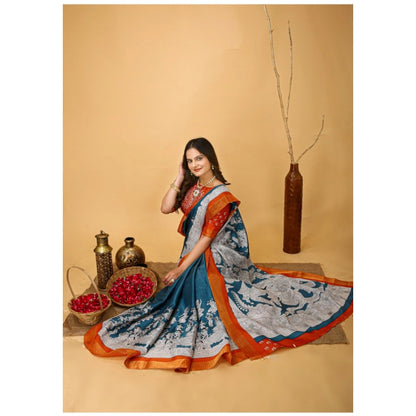 Women's Soft Handloom Cotton Kalamkari Printed Saree With Unstitched Blouse 5.5Mtr (Teal Blue)