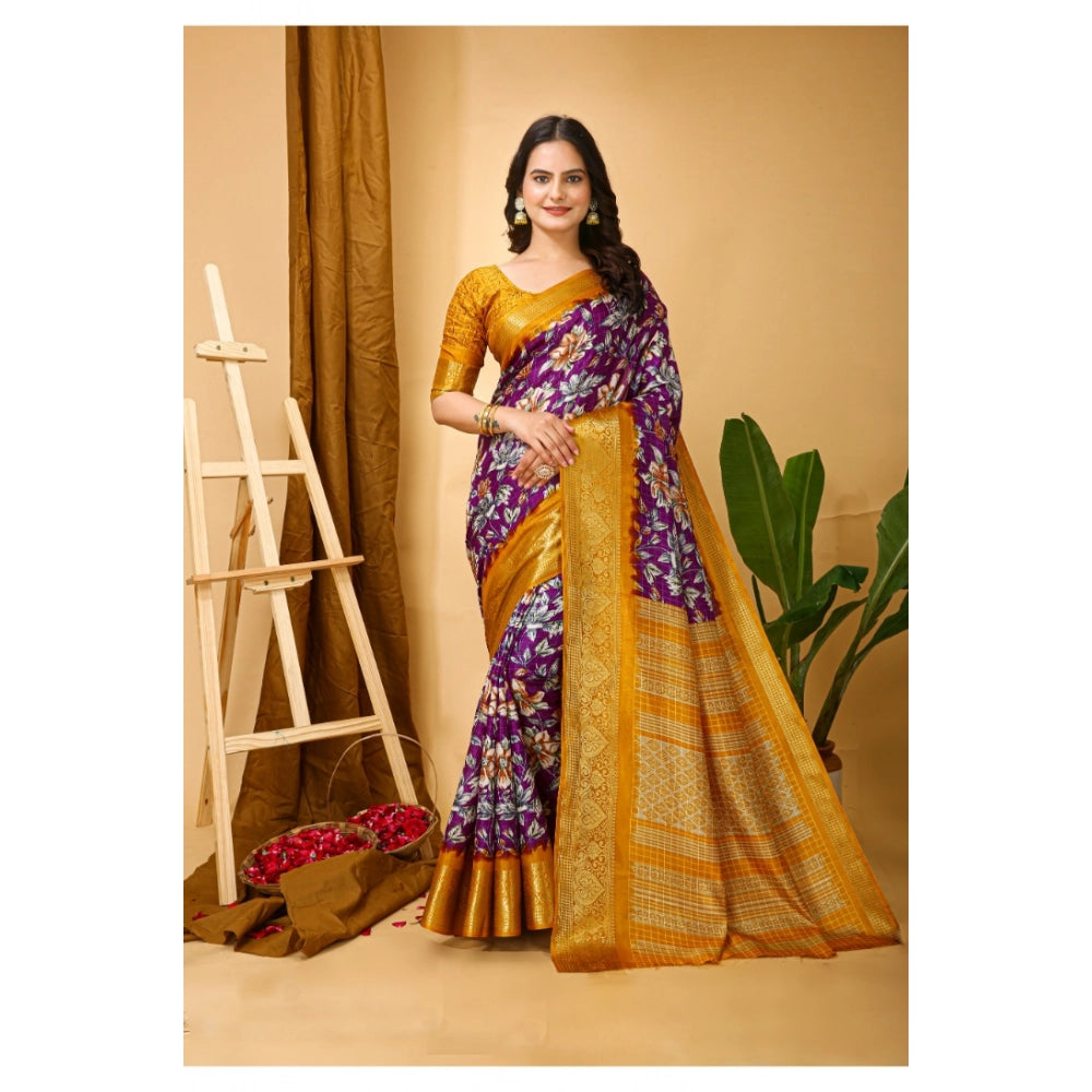 Women's Soft Dola Cotton Kalamkari Printed Saree With Unstitched Blouse 5.5Mtr (Purple)