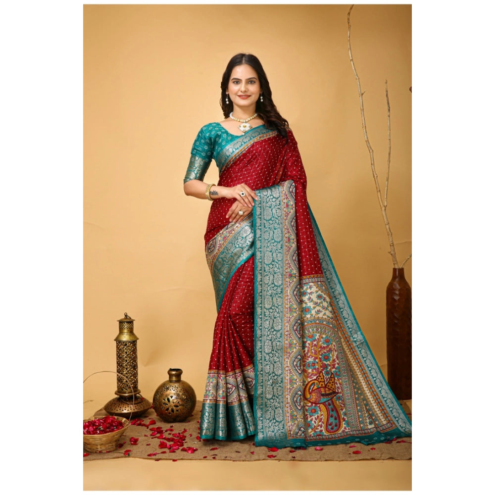 Women's Soft Dola Cotton Kalamkari Printed Saree With Unstitched Blouse 5.5Mtr (Red)