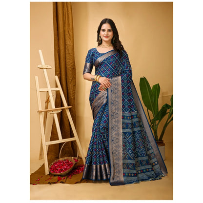 Women's Soft Dola Cotton Kalamkari Printed Saree With Unstitched Blouse 5.5Mtr (Blue)