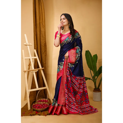 Women's Soft Dola Cotton Kalamkari Printed Saree With Unstitched Blouse 5.5Mtr (Navy Blue)